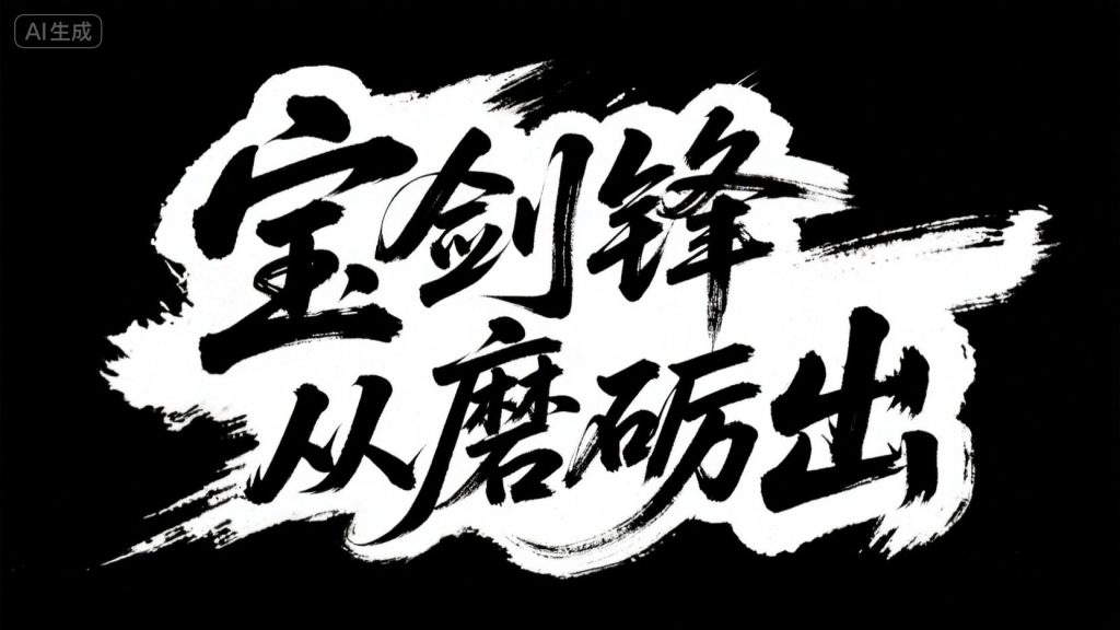 jimeng-2025-08-04-3561-“宝剑锋从磨砺出”书法字，字体狂野奔放如龙蛇竞走，笔画飘逸带有枯笔飞白，墨色浓淡...